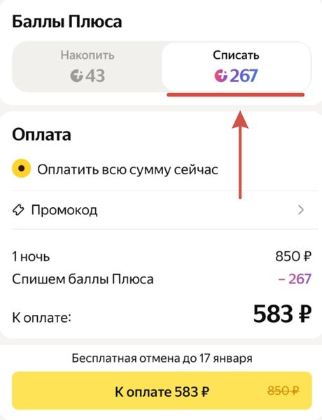Оплата баллами в Яндекс Путешествия